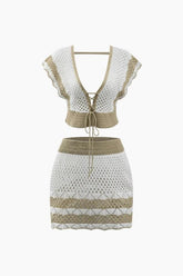 Contrast Openwork Knit V-neck Top And Mini Skirt Set